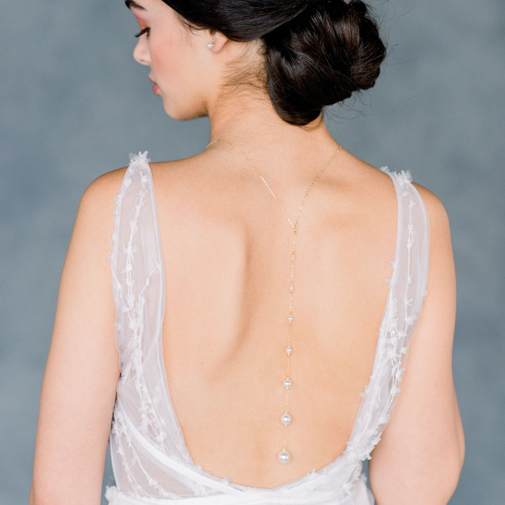 long gold and white pearl bridal back drop necklace for weddings. made in toronto canada by Blair nadeau bridal adornments